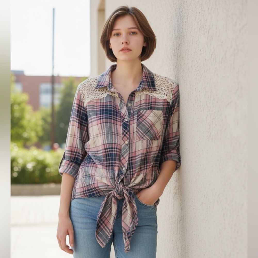 Plaid Button-Up Women’s Top with Lace Detail